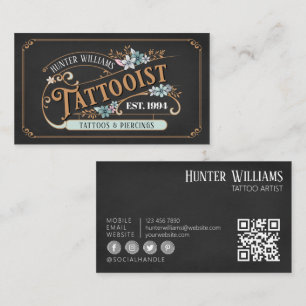 QR Code Professional Black Vintage Tattoo Artist  Business Card