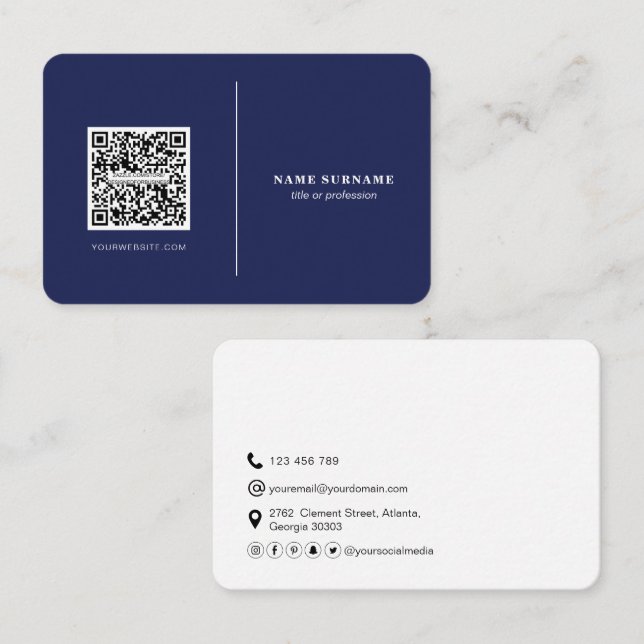 QR code professional minimalist social media navy  Business Card (Front/Back)
