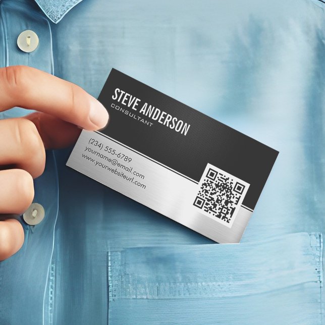 QR Code Professional Modern Black Silver Metallic Magnetic Business Card (Creator Uploaded)