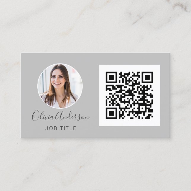 QR Code Professional Photo Silver Grey Business Ca Card (Front)