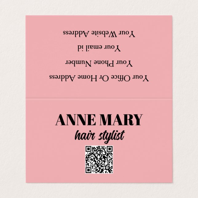 QR Code Professional Pink Black Hairstylist Modern Business Card (Outside Unfolded)
