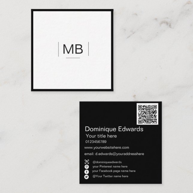 QR Code Professional White Black Social Media Square Business Card (Front/Back)