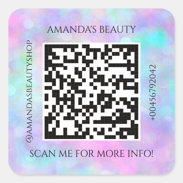QR Code Promotional Name Contact Holographic  Square Sticker (Front)