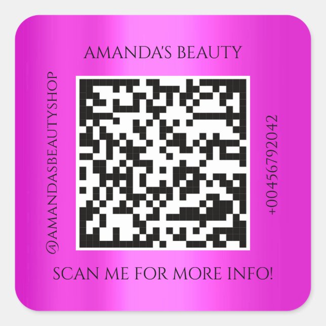 QR Code Promotional Name Contact Pink Fuchsia  Square Sticker (Front)