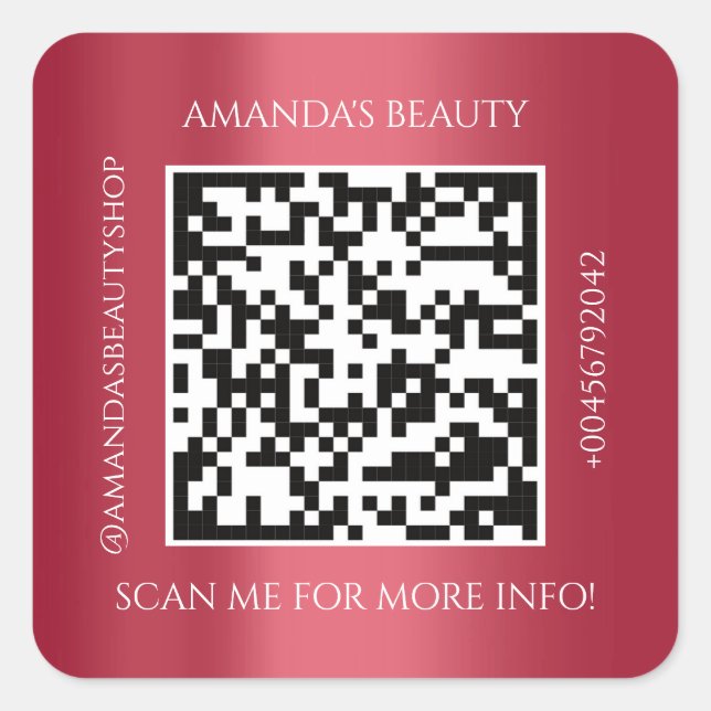 QR Code Promotional Name Contact Red Wine  Square Sticker (Front)