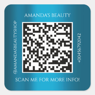 QR Code Promotional Name Contact Teal Blue Square Sticker