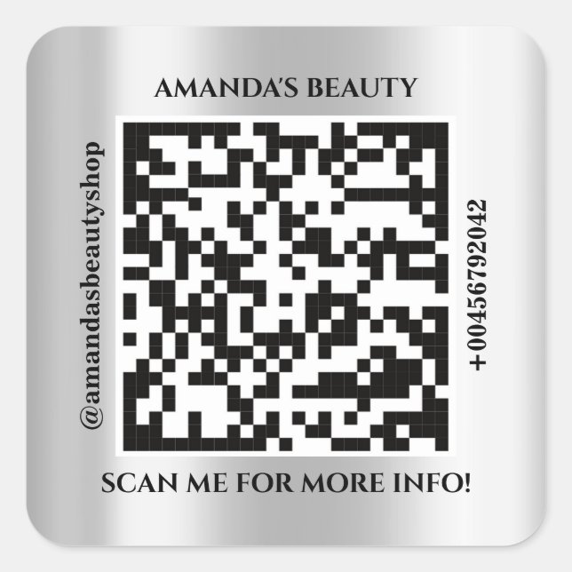 QR Code Promotional Name Contact Web Address Grey Square Sticker (Front)