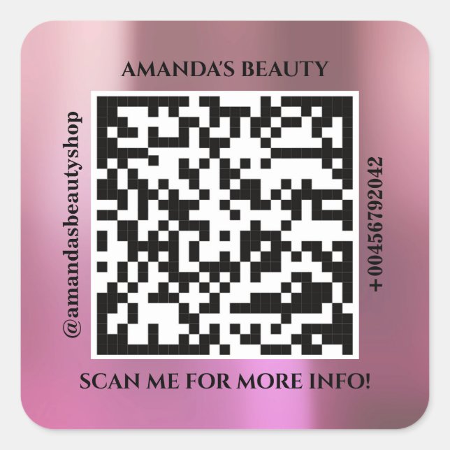 QR Code Promotional Name Contact Web Address Pink Square Sticker (Front)