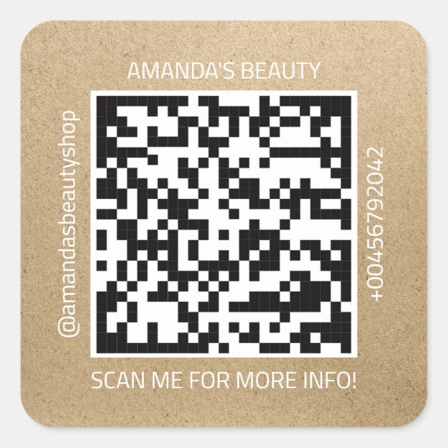 QR Code Promotional Name Contact Web Natural Kraft Square Sticker (Front)
