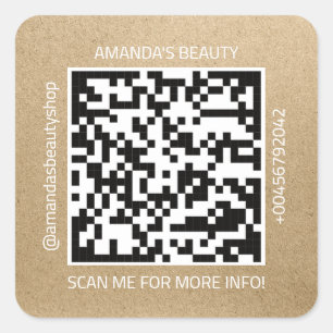 QR Code Promotional Name Contact Web Natural Kraft Square Sticker