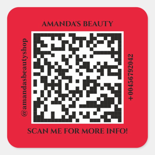 QR Code Promotional Name Web Red Square Sticker (Front)