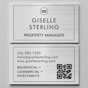 QR Code Property Manager Brushed Silver Monogram Business Card