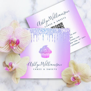 QR Code Purple Cupcake Glitter Drips Bakery Pastry Square Business Card
