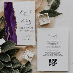 QR Code Purple Gold Agate Wedding Invitation