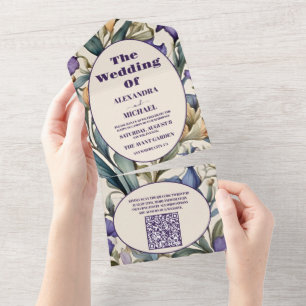 QR Code Purple Iris Art Nouveau Wedding All In One Invitation
