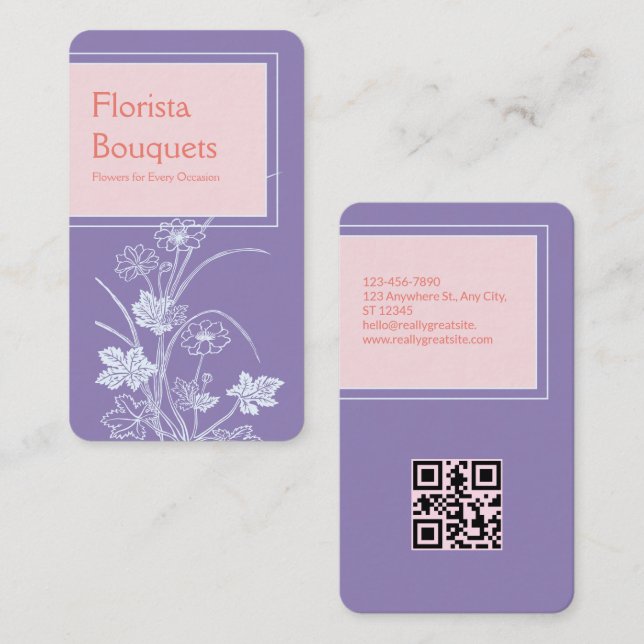 QR CODE Purple Pink Floral Florist Chic Minimalist Business Card (Front/Back)