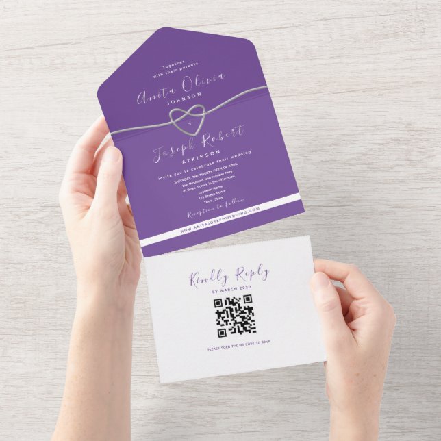 QR Code Purple Silver Heart Wedding All In One Invitation (Tearaway)