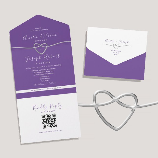 QR Code Purple Silver Heart Wedding All In One Invitation (Creator Uploaded)