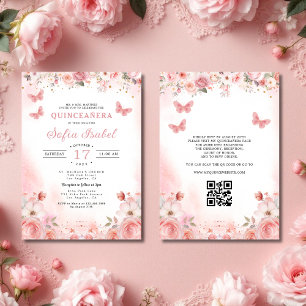QR Code Quinceañera Blush Pink Rose Floral Invitation