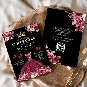 QR Code Quinceanera Floral Burgundy Princess  Invitation
