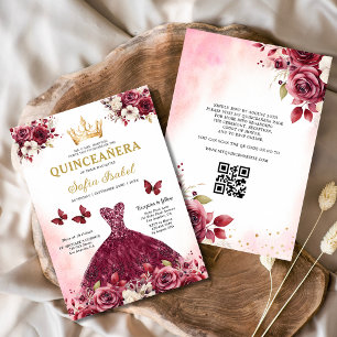 QR Code Quinceanera Floral Burgundy Princess  Invitation