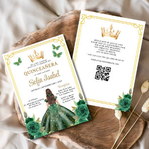 QR Code Quinceanera Floral Emerald Green Gold Invitation
