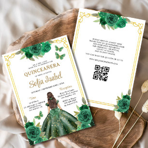 QR Code Quinceanera Floral Emerald Green Gold  Invitation