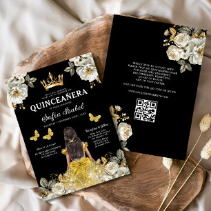 QR Code Quinceanera Floral Gold Princess Invitation