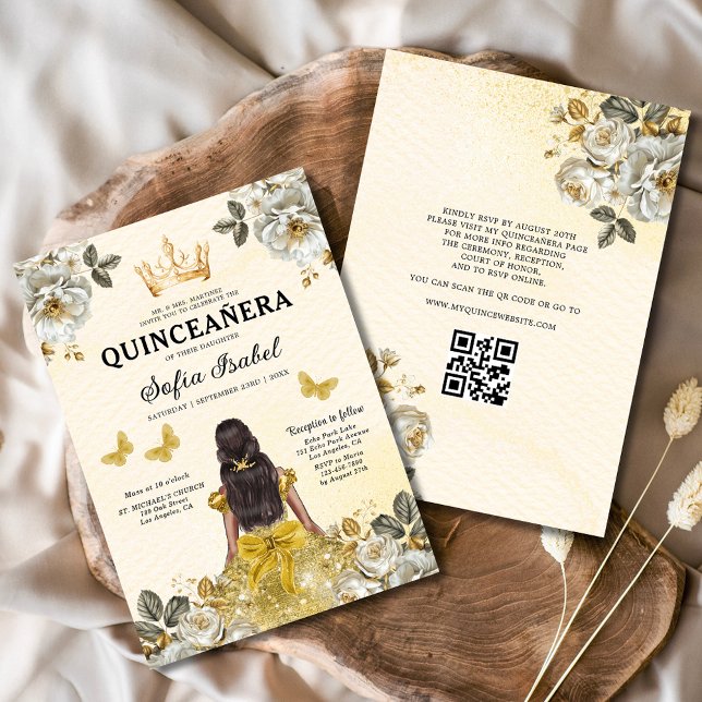 QR Code Quinceanera Floral Gold Princess  Invitation (Creator Uploaded)