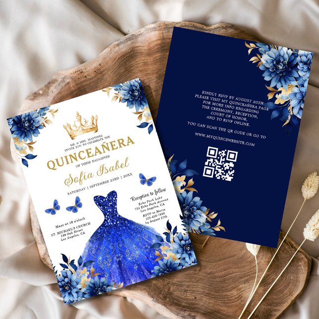 QR Code Quinceanera Floral Royal Blue Princess  Invitation (Creator Uploaded)