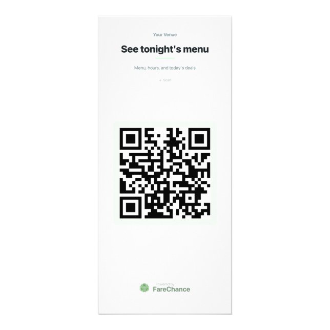 QR Code Rack Card for Restaurants and Hotels, Cust (Front)