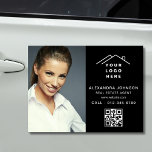 QR Code Real Estate Agent Black Logo Photo Car Magnet<br><div class="desc">Create a polished, professional look with this Real Estate Agent Black Logo Photo Car Magnet. This customisable magnet prominently displays your logo, contact information, and a photo, ensuring high visibility while you’re on the go. Ideal for realtors, it’s a sleek and convenient way to advertise your services, promote your brand,...</div>