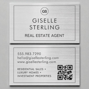 QR Code Real Estate Agent Brushed Silver Monogram  Business Card