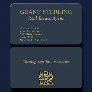 QR Code Real Estate Agent Navy Blue Gold  Business Card