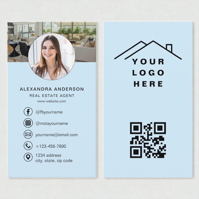 QR Code Real Estate Agent Sky Blue Photo Logo Business Card (Creator Uploaded)