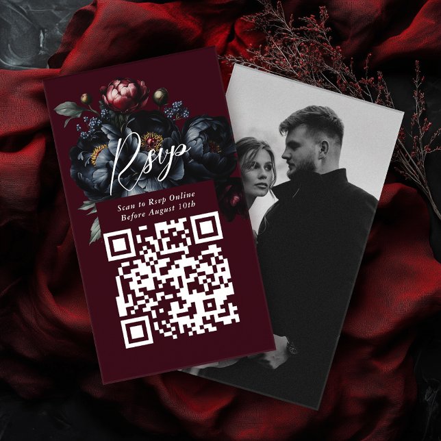 QR Code Red Dark Moody Peony Gothic Wedding RSVP Enclosure Card (Creator Uploaded)