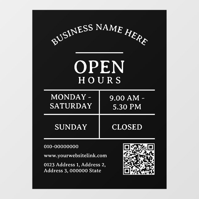 QR Code Restaurant Salon Business Open Hours Door Window Cling (Sheet)