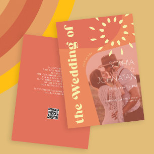 QR code retro burnt orange bold PHOTO rsvp wedding Invitation