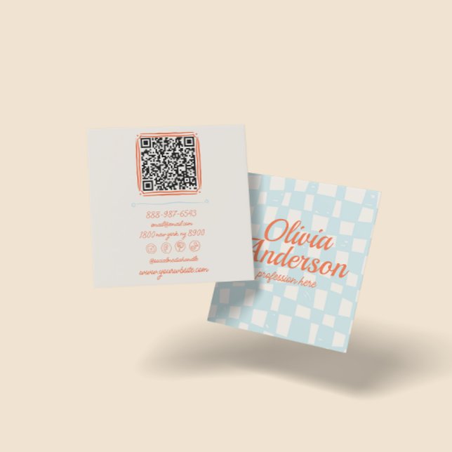QR Code Retro Colourful Hand Drawn Chequered Groov Square Business Card (Creator Uploaded)