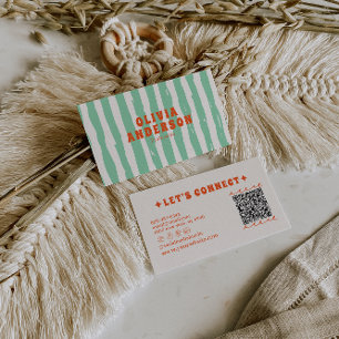 QR Code Retro Green Boho Groovy Unique Trendy Fun Business Card