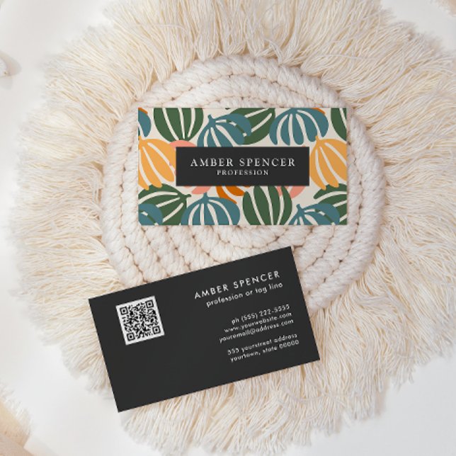 QR CODE RETRO LEAVES GROOVY BOTANICAL BUSINESS CARD (Creator Uploaded)