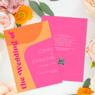 QR code retro pink orange bold all in one wedding Invitation