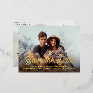 QR Code Retro Script 2 Photo Wedding Save the Date Foil Invitation Postcard