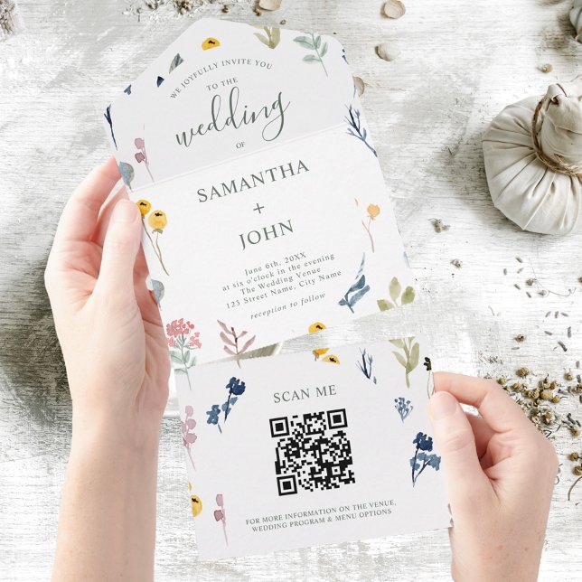 QR Code Romantic Wildflower Typography Wedding All In One Invitation (Creator Uploaded)