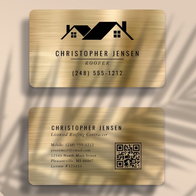 QR Code Roofing Black Gold Metallic Rounded Business Card (Creator Uploaded)