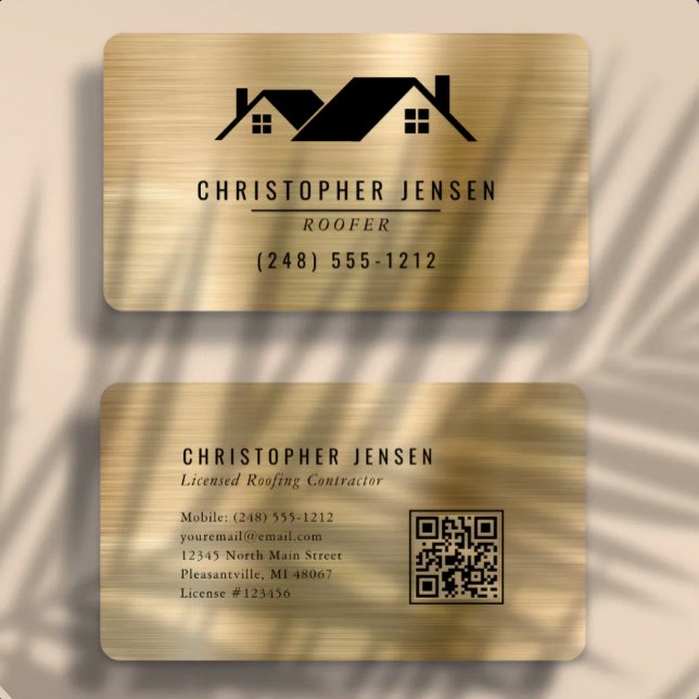 QR Code Roofing Black Gold Metallic Rounded Business Card (Creator Uploaded)