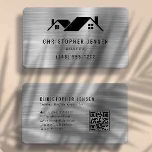 QR Code Roofing Black Silver Metallic Rounded Business Card