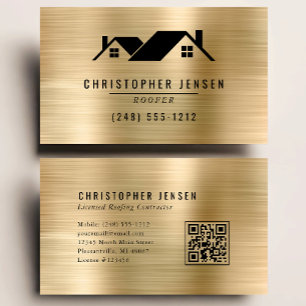 QR Code Roofing Business Black Gold Metallic Card