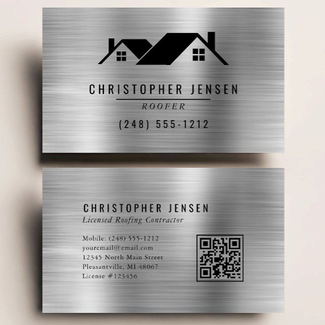 QR Code Roofing Business Black Silver Metallic Card (Creator Uploaded)