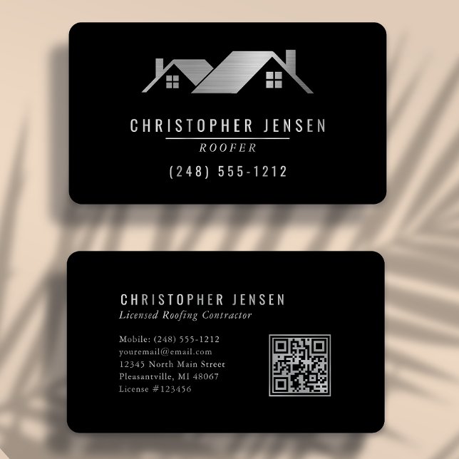 QR Code Roofing Business Black Silver Rounded Business Card (Creator Uploaded)